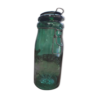 Old jar La Lorraine and The ideal in thick glass light green and dark green