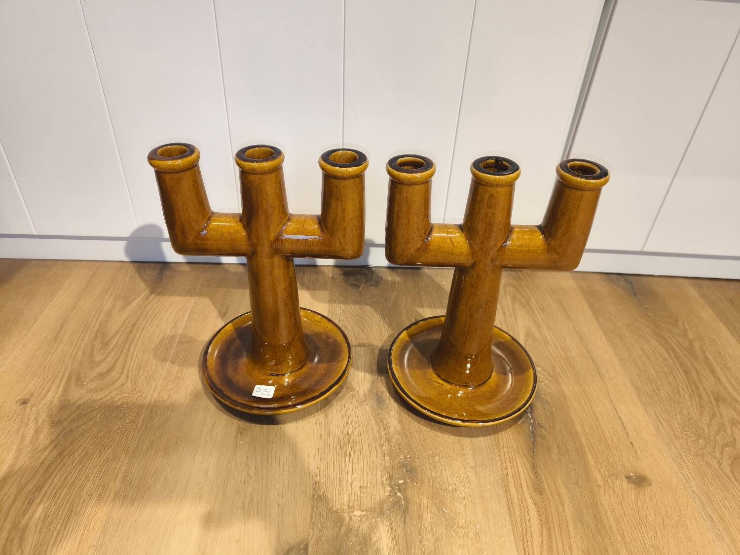 Pair of 3-branch ceramic candle holders from La Ferme des Potiers
