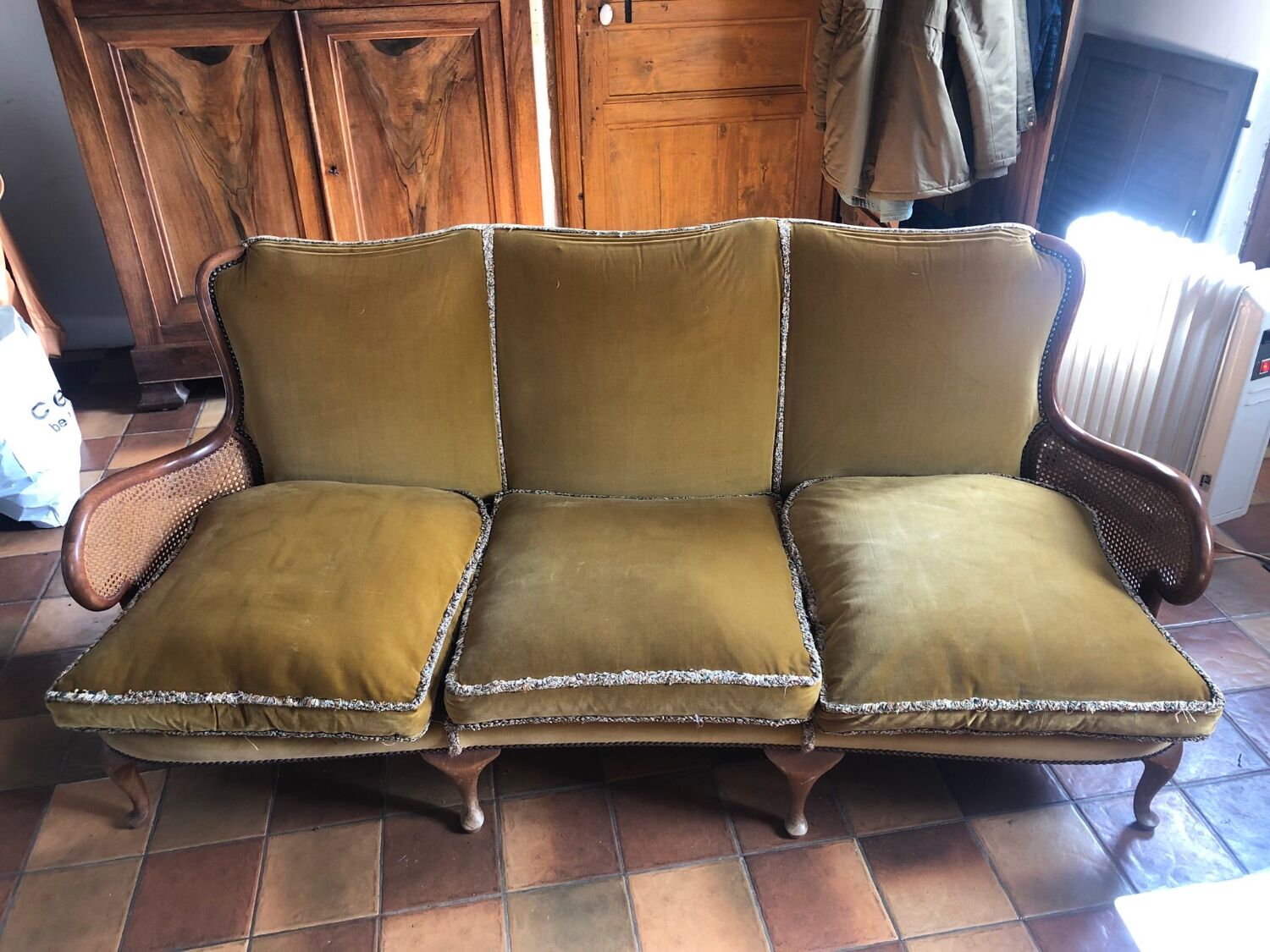 Louis XV style 3-seater sofa with cane armrests