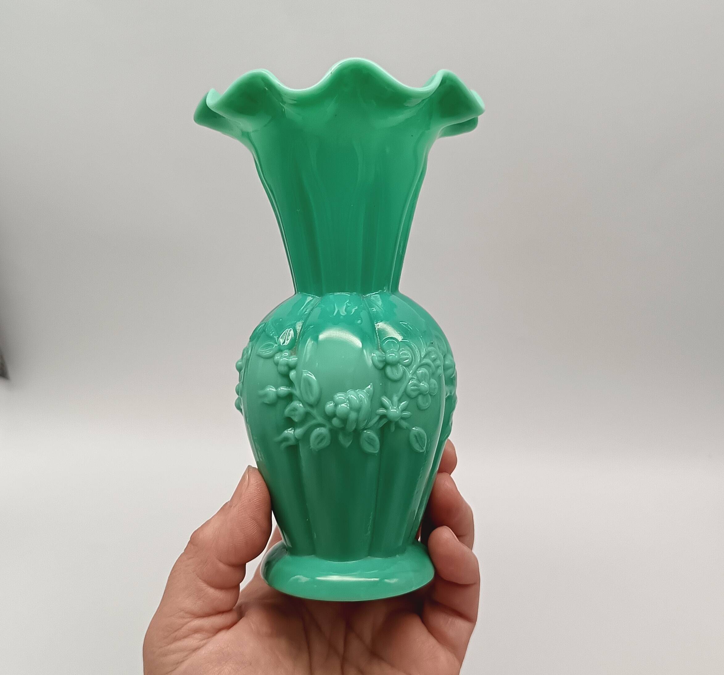 Pair of antique green opaline fairground vases, vintage, french