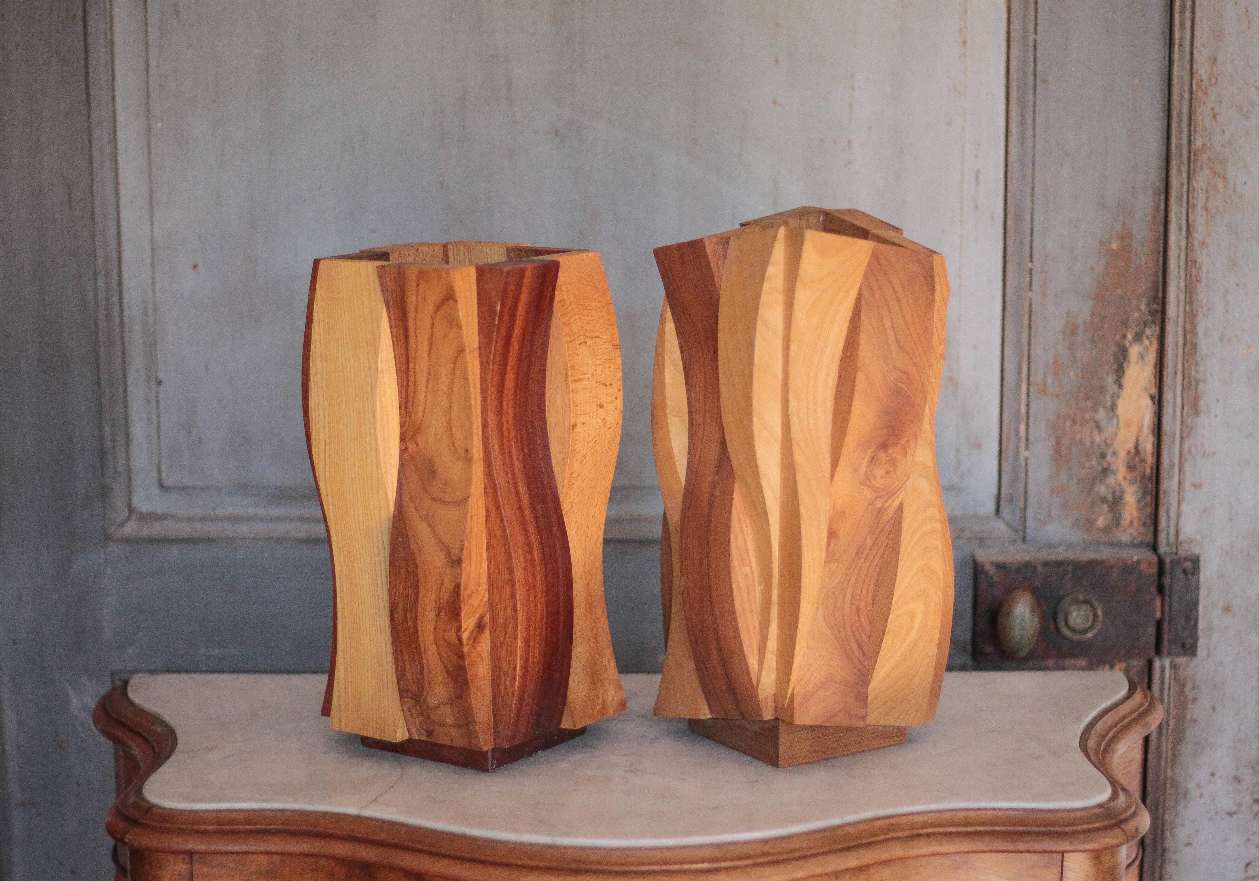 Pair of sculptural wooden vases, curved wooden vase, natural wooden vase
