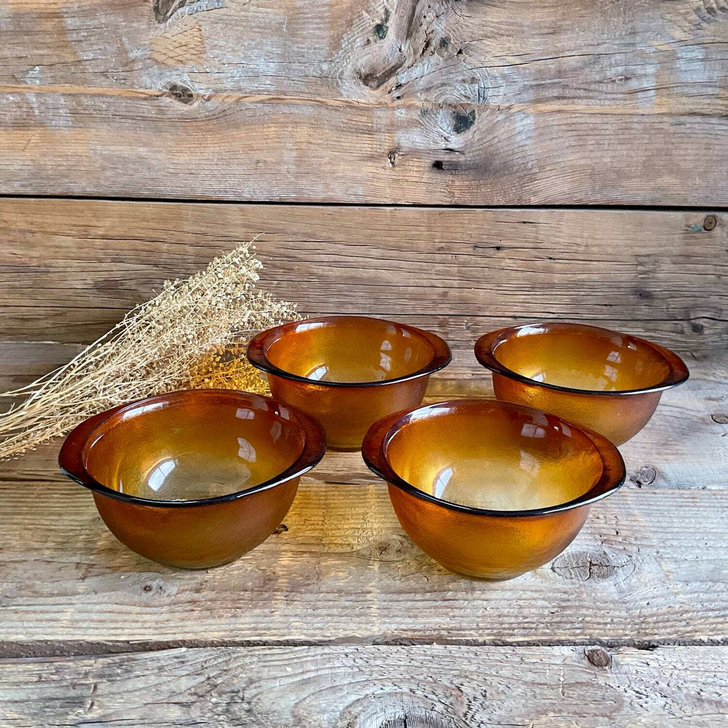 4 amber glass ear bowls