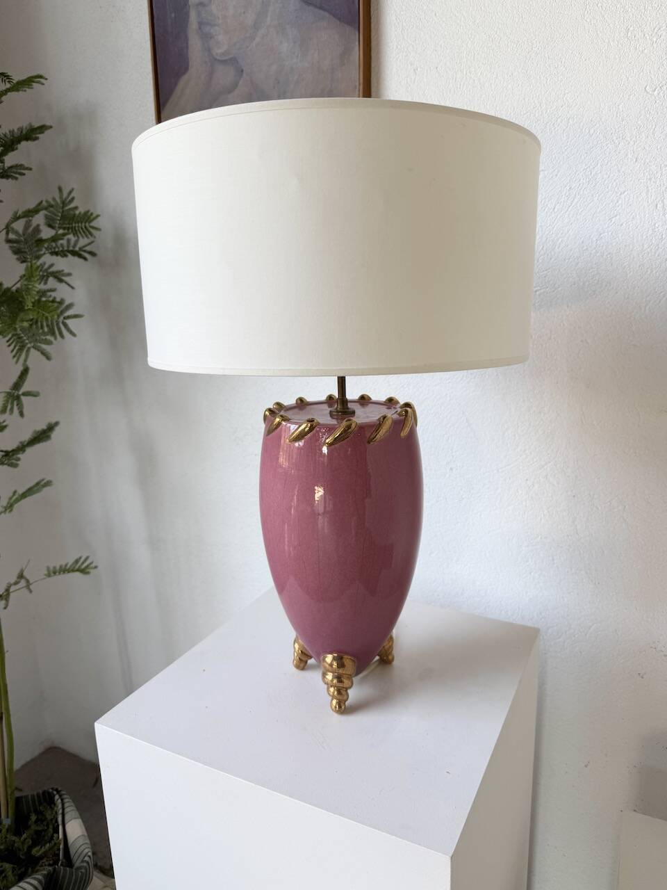 Pink and gold ceramic tripod table lamp