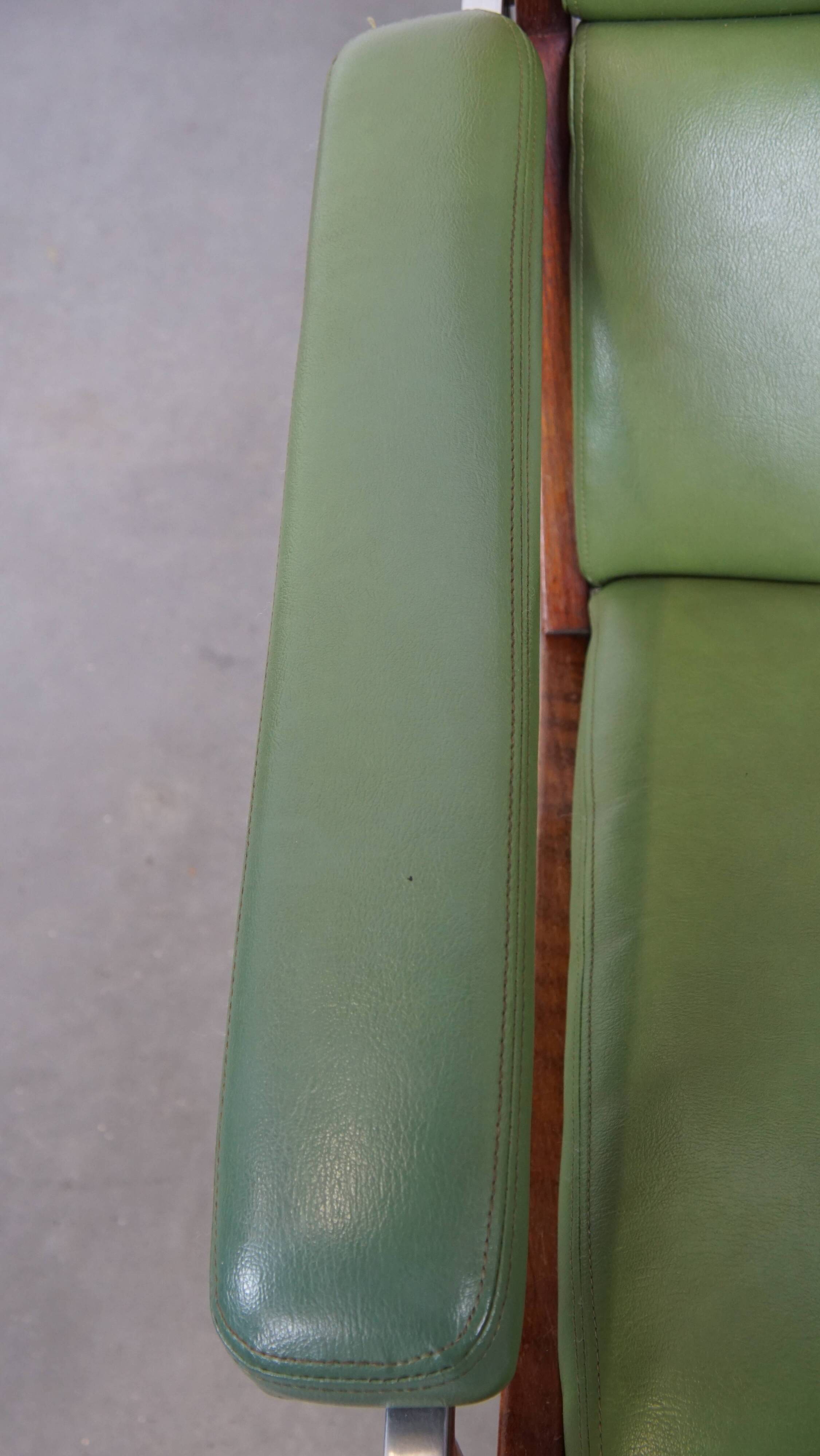 Green cowhide Leather and Wooden Vintage Armchair