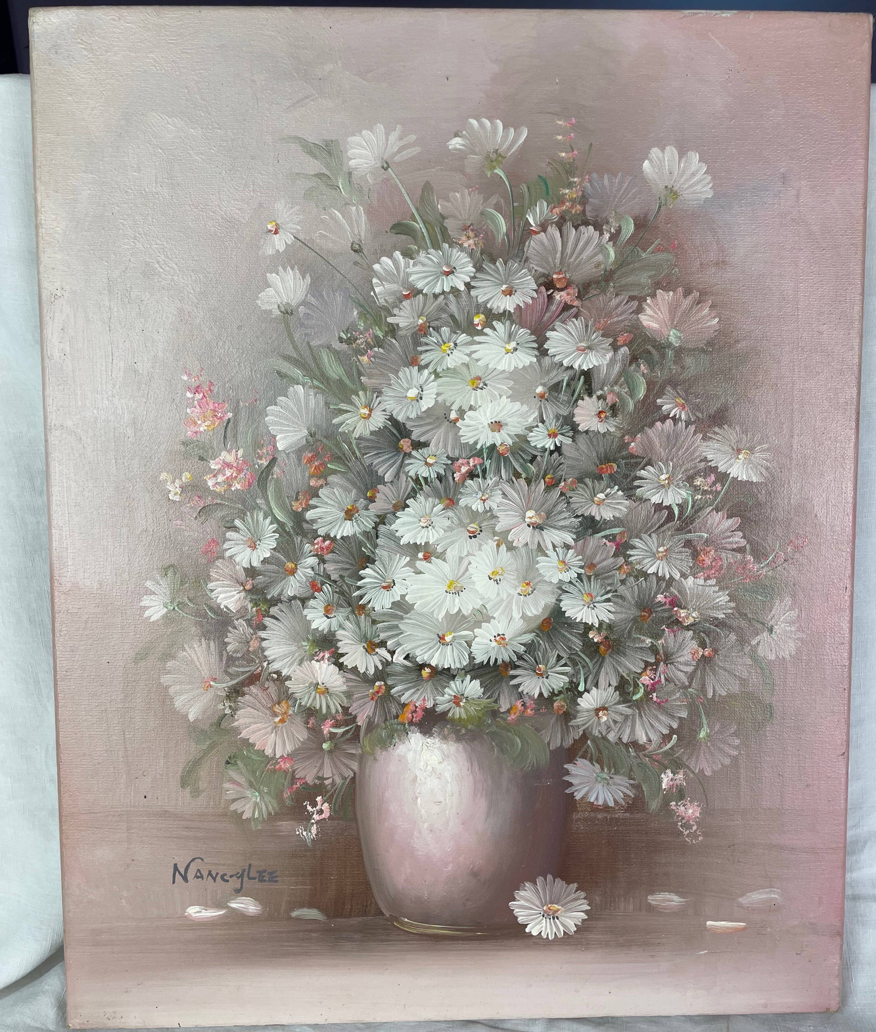 Oil painting still life daisies signed Nancy Lee