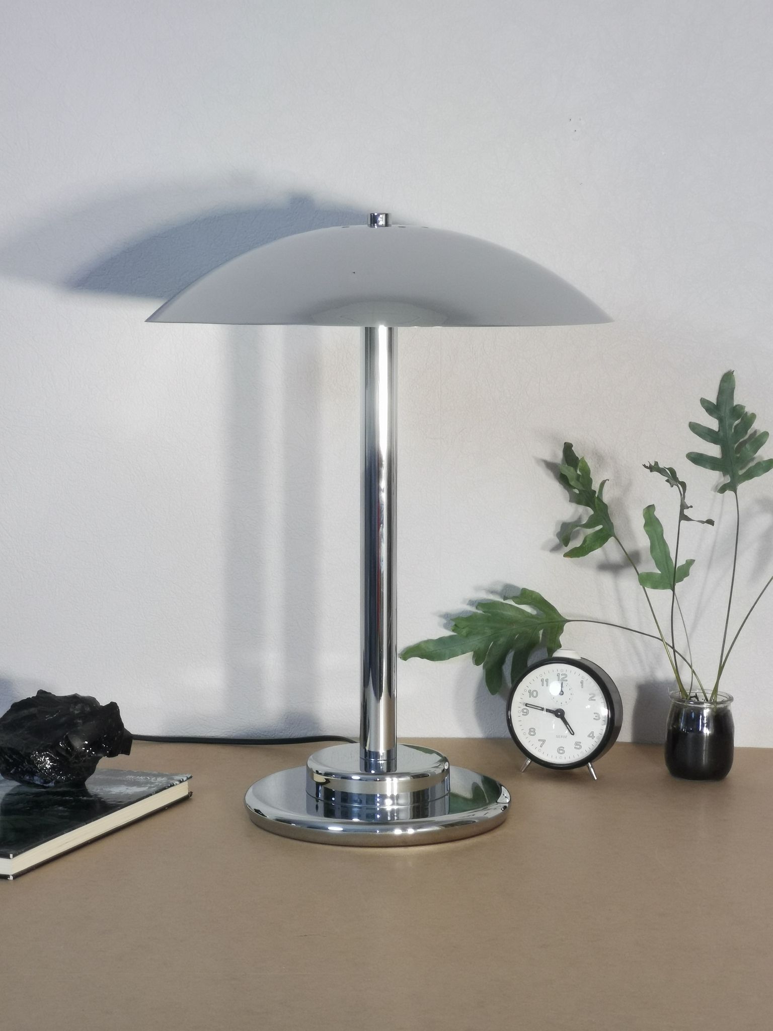 Mushroom lamp, chrome metal saucer, Aluminor, France, 1970
