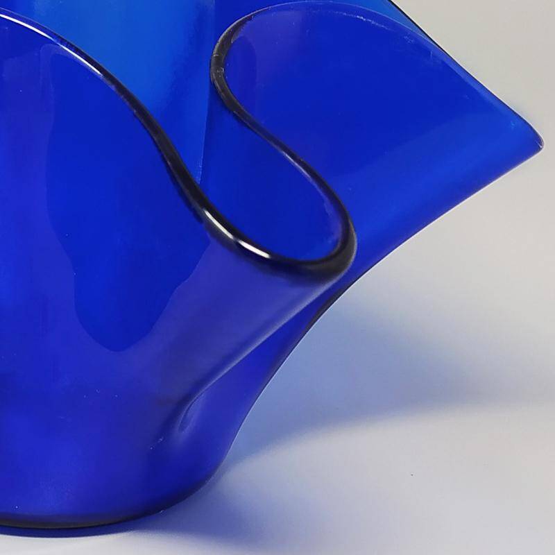 1970s Blue Vase "Fazzoletto" by Dogi in Murano Glass. Made in Italy