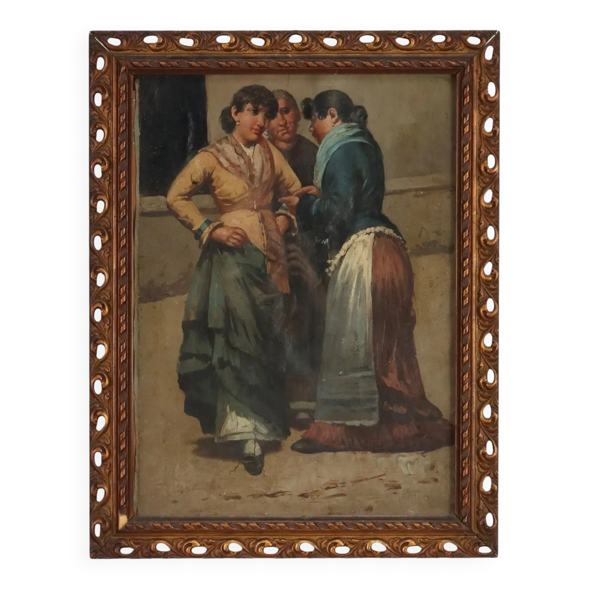 Portrait of 3 commoners, old oil painting on canvas from the 1800s.