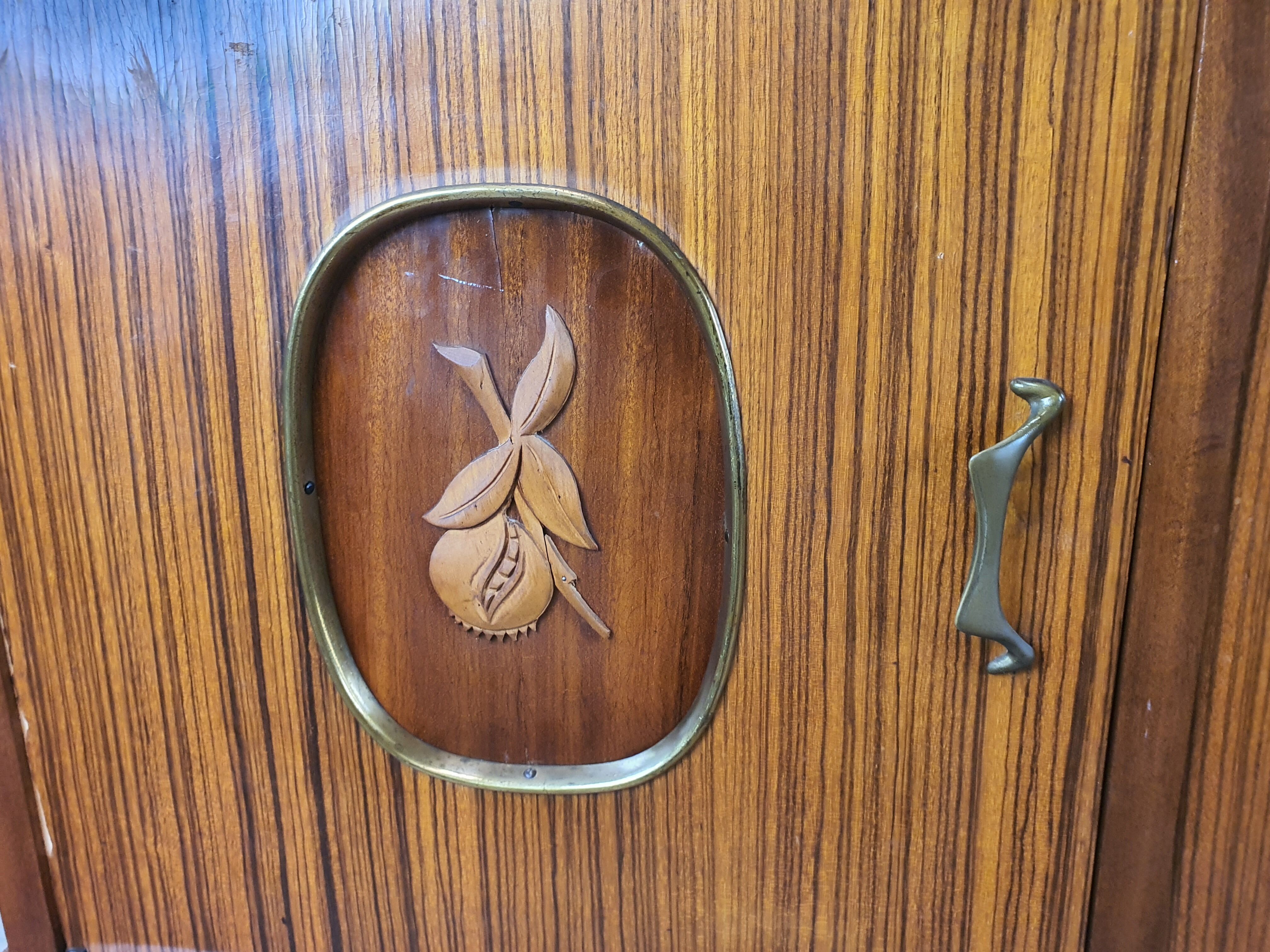 1960s sideboard with decorated doors in wood and brass