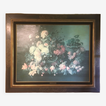 Bouquet fleurs et fruits sur table, composition sur toile 100x120