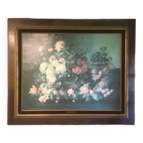 Bouquet of flowers and fruits on table, composition on canvas 100x120