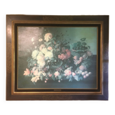 Bouquet of flowers and fruits on a table, composition on canvas 100x120.