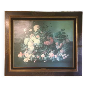 Bouquet of flowers and fruits on a table, composition on canvas 100x120.