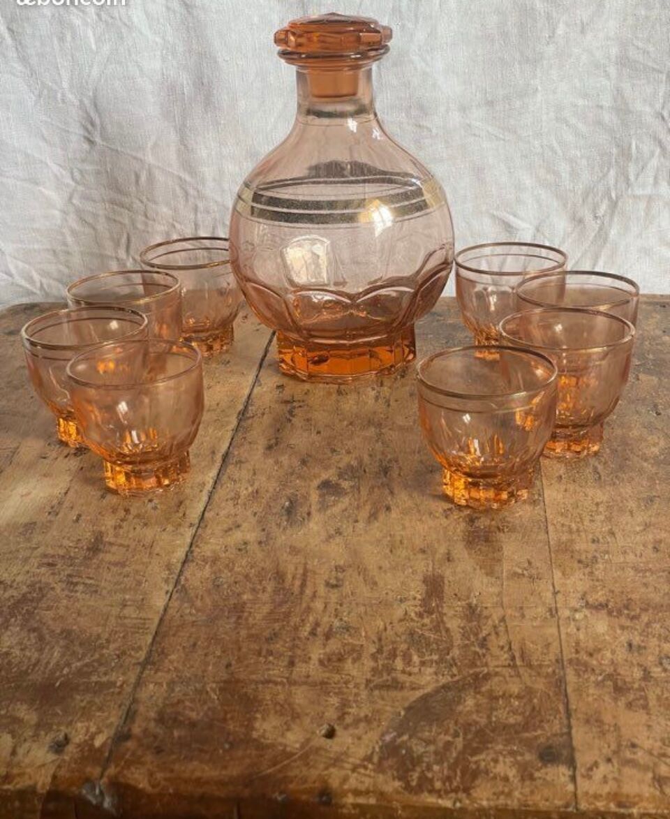 Vintage pink glass liqueur service