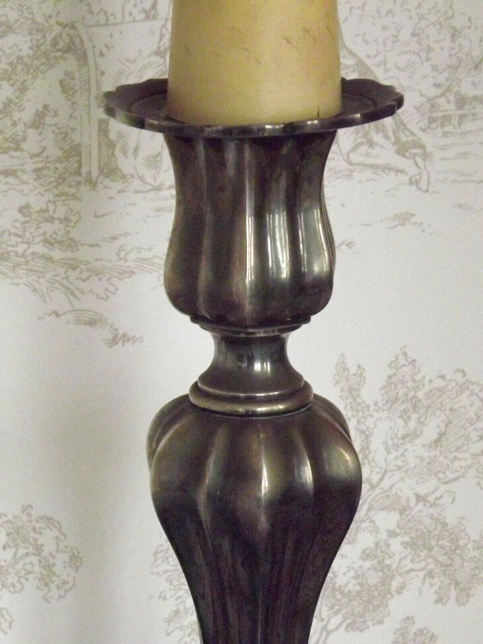 French vintage heavy silver metal table lamp with candle drip detail 4155