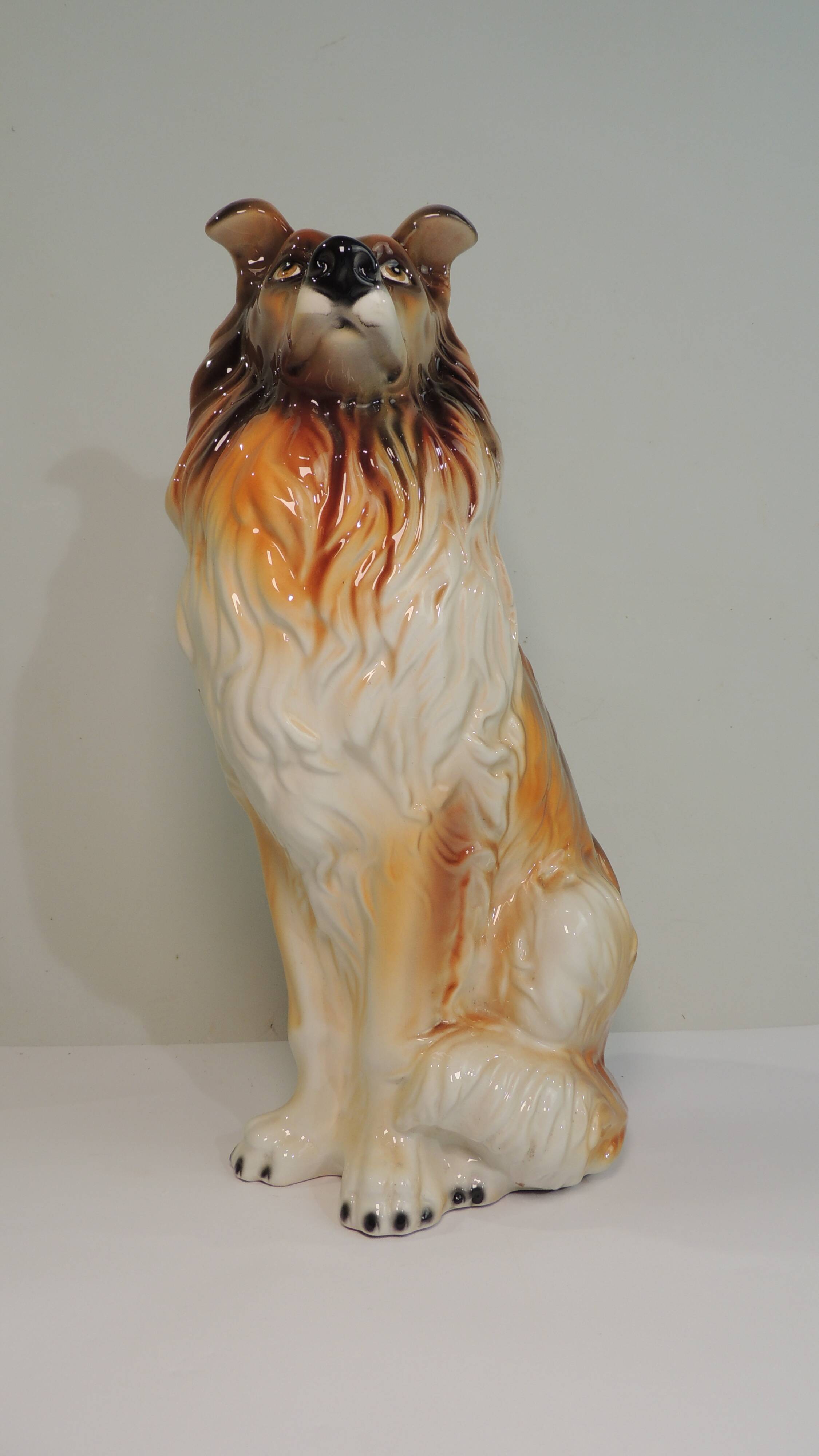 Vintage Ceramic Sitting Collie Dog Sculpture