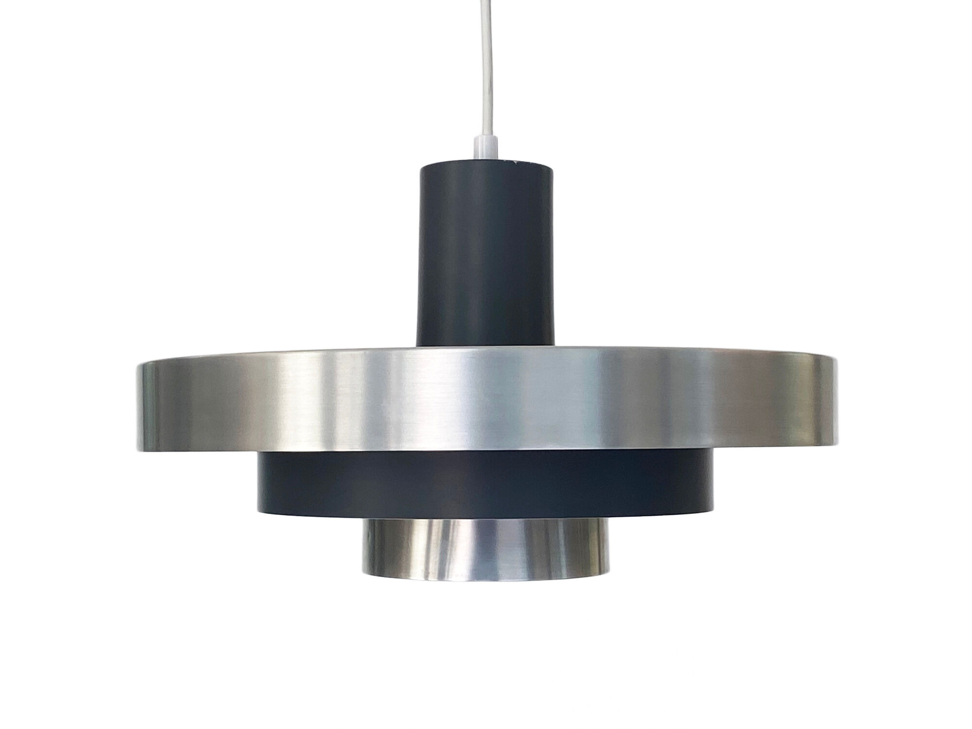 Layered pendant light in brushed aluminum. Denmark 1960s
