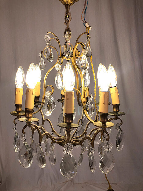 Gilded brass cage chandelier and glass tassels