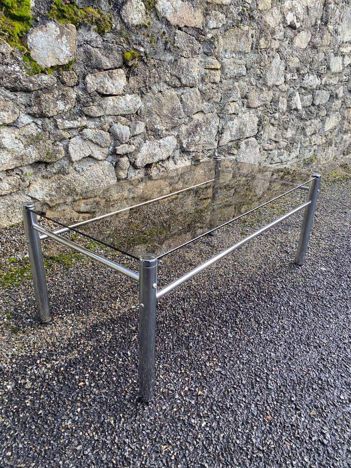 VINTAGE 1970 RECTANGULAR COFFEE TABLE WITH FLAT CHROME TUBULAR LEGS