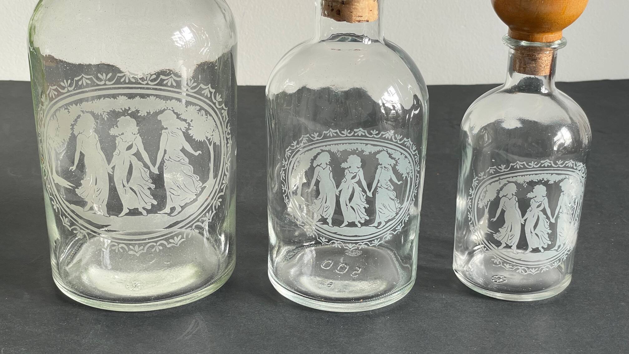 BOTTLES Engraved Glass and VINTAGE Wood