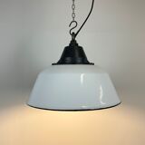 White Enamel and Cast Iron Industrial Pendant Light, 1960s