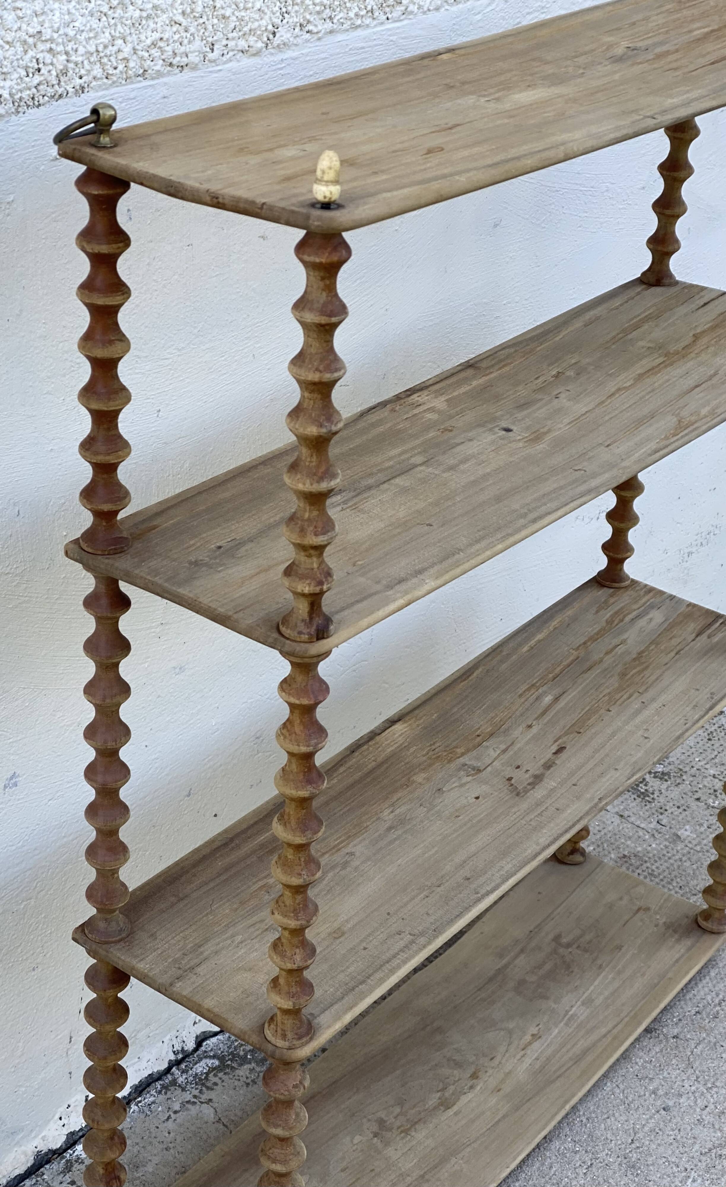 Large 19th-century turned wood wall shelf, stripped.