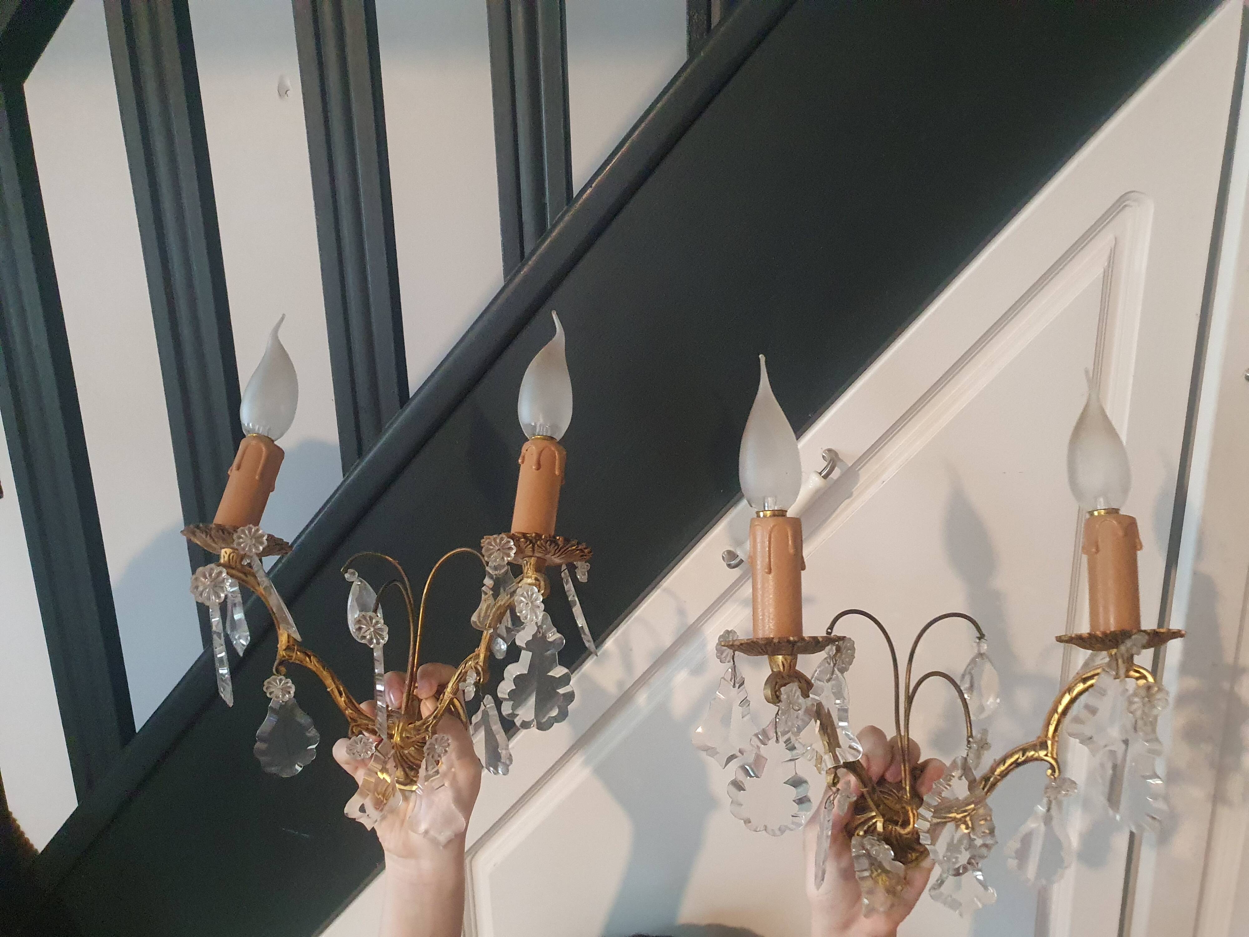 Pair of golden wall lights with vintage glass tassels