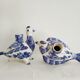 Pair of bird candlesticks in blue white, Skyros earthenware