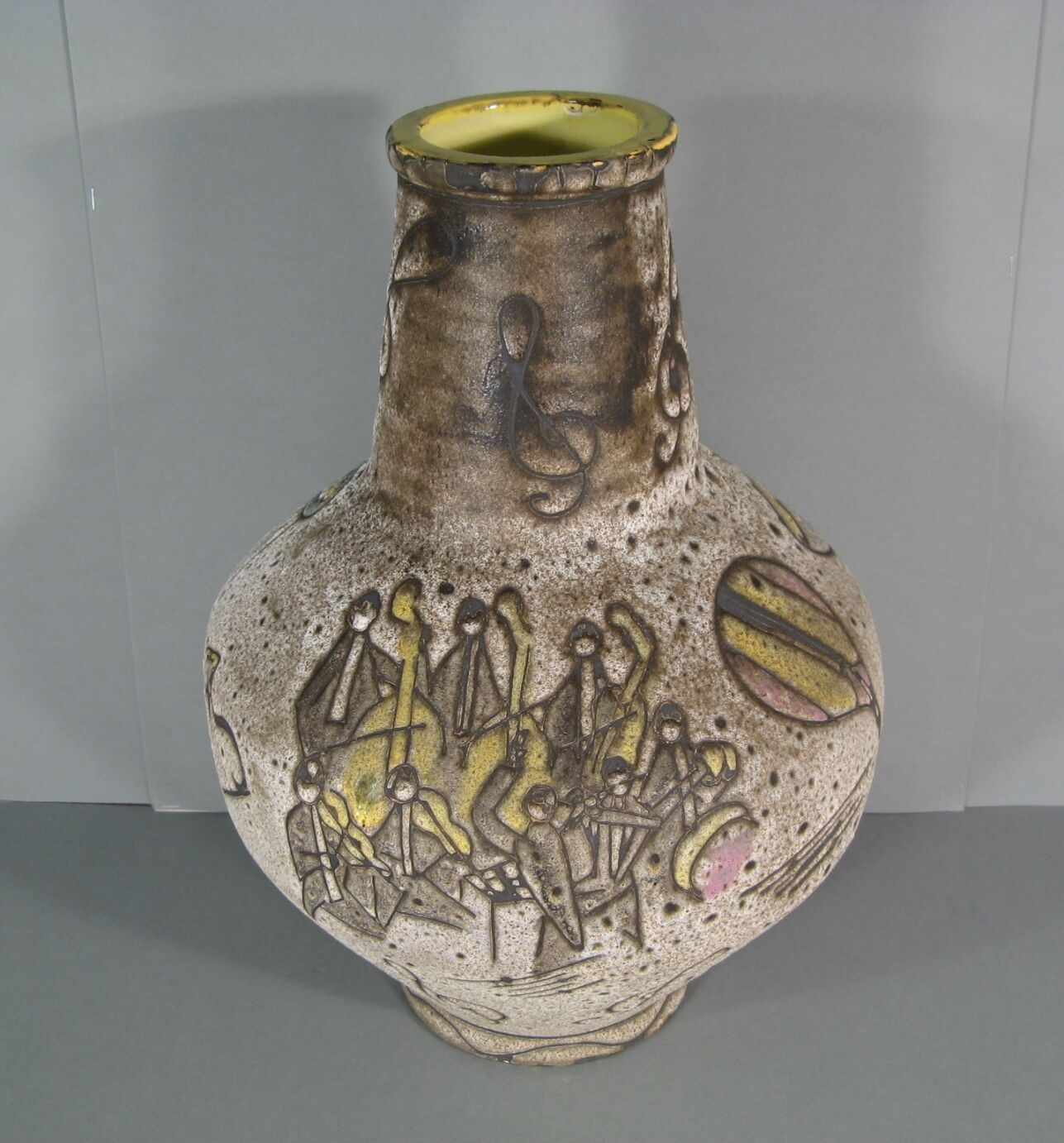 Vallauris ceramic vase signed Bessone décor orchestra instrument music