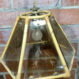 Antique Hexagonal Bamboo Rattan Pendant Light + Vintage Engraved Glass Plates