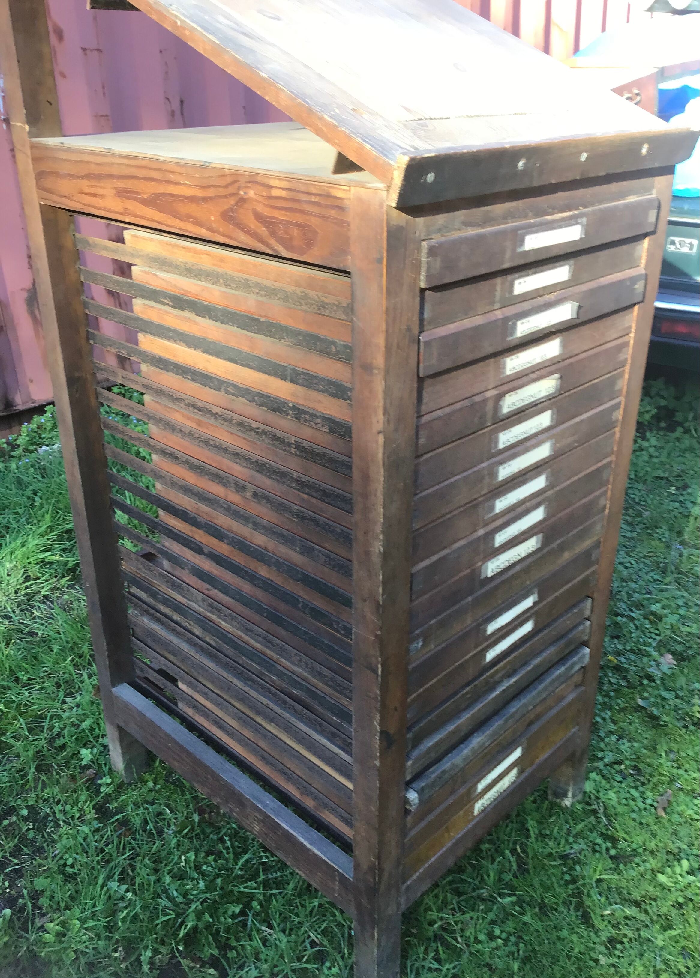 Wooden printer's cabinet with drawer lockers