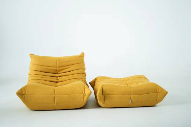Togo Chair and Pouf Set in Yellow Tweed