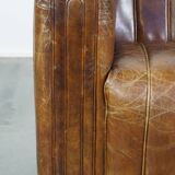 Cognac-colored cowhide 2-seater designer sofa finished with piping