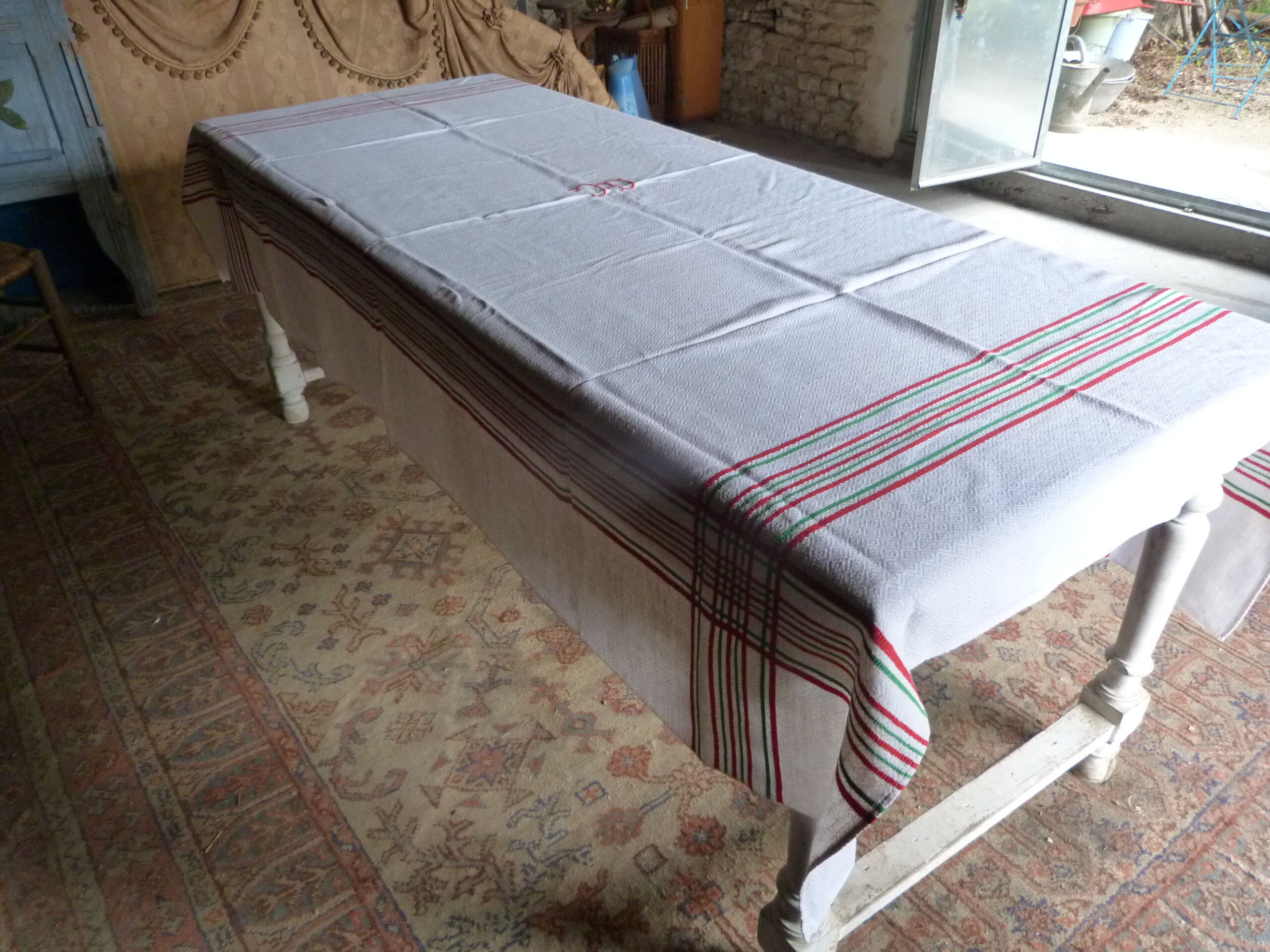 Old tablecloth 1920/1930 linen beige diamonds and red and green stripes + towels