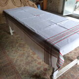 Nappe ancienne 1920/1930 lin beige losanges et rayures rouges et vertes + serviettes