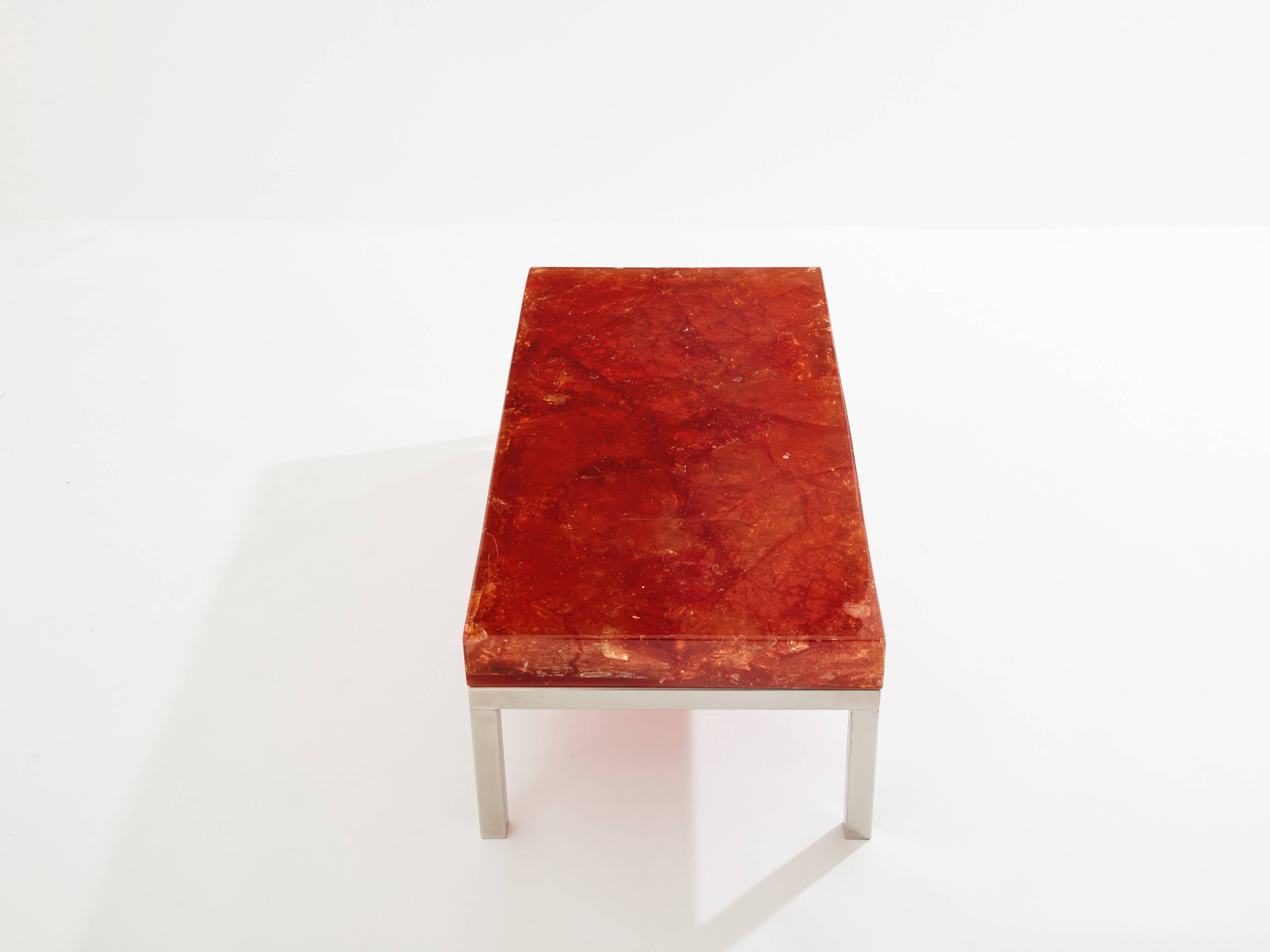 Marie-Claude De Fouquières orange fractal resin coffee table 1970