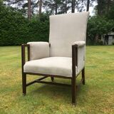 Vintage Antique Oak Reupholstered Armchair On Castors in Beige