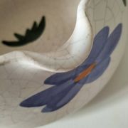 Large antique crackled ceramic fondue pot decorated with blue flowers
