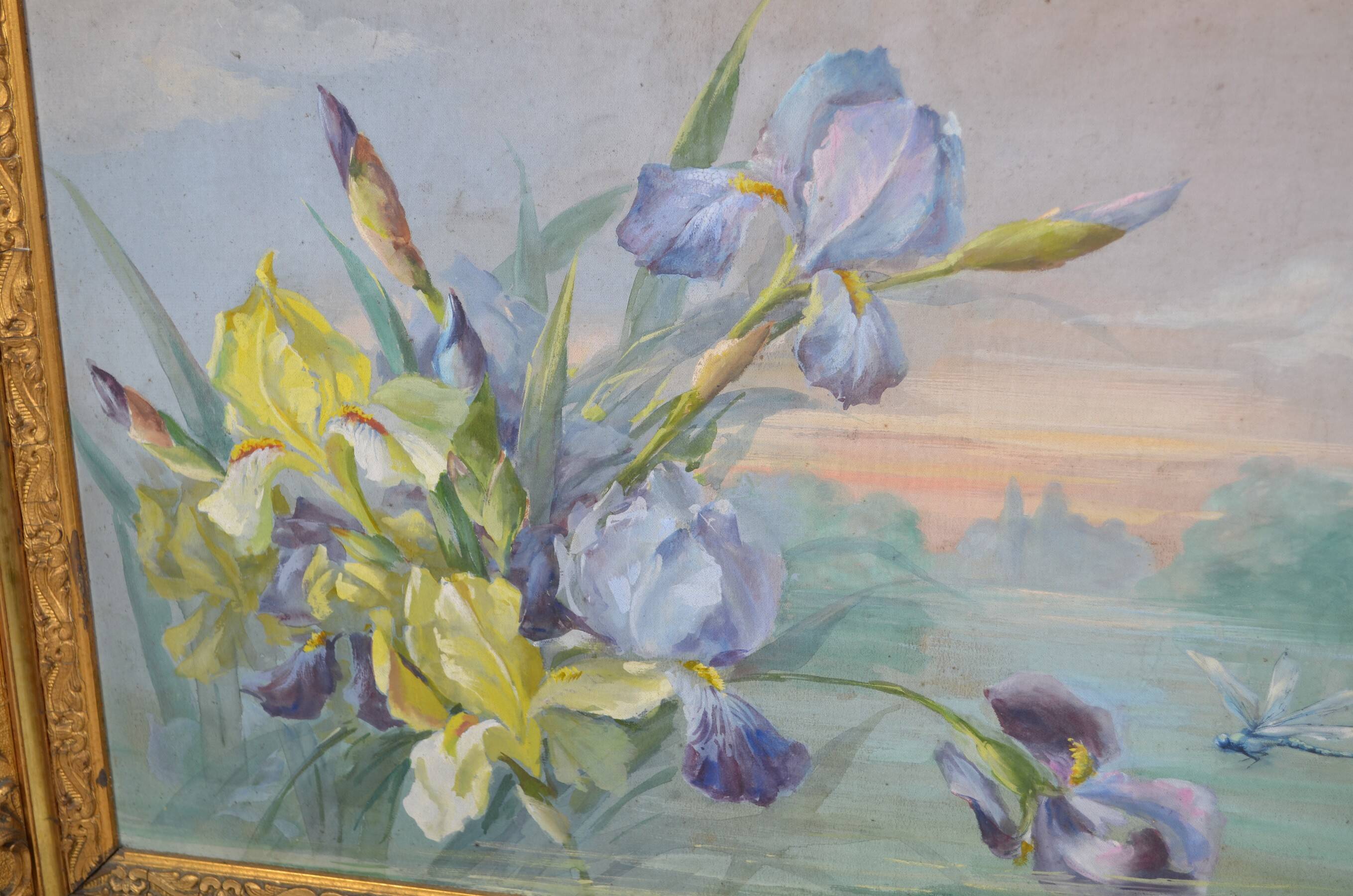 French School circa 1900 “Irises and dragonflies” Painted silk.