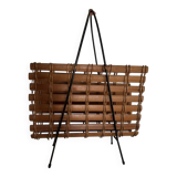 Vintage magazine rack in wood, rattan and wrought iron