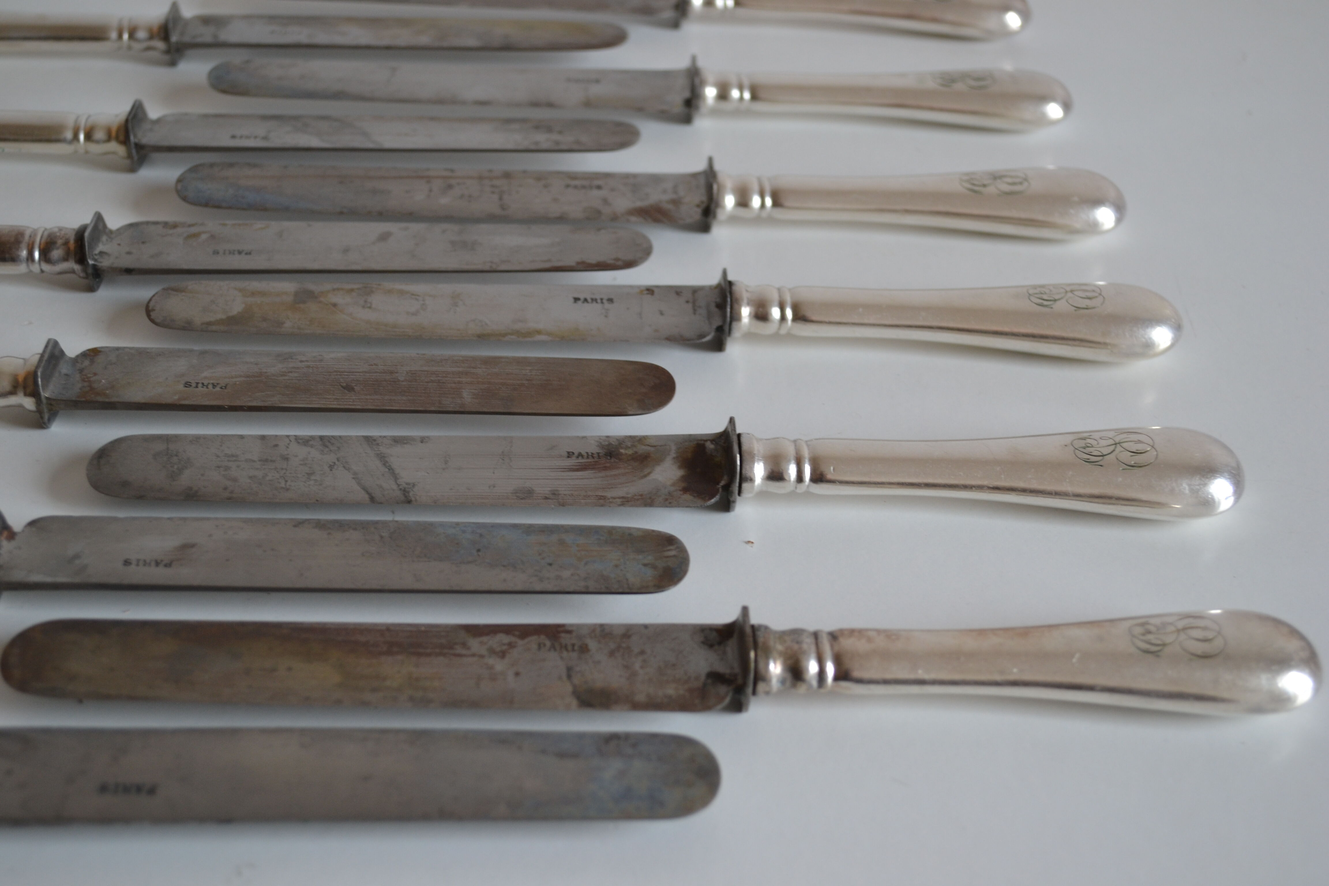 12 antique metal silver monogram table knives