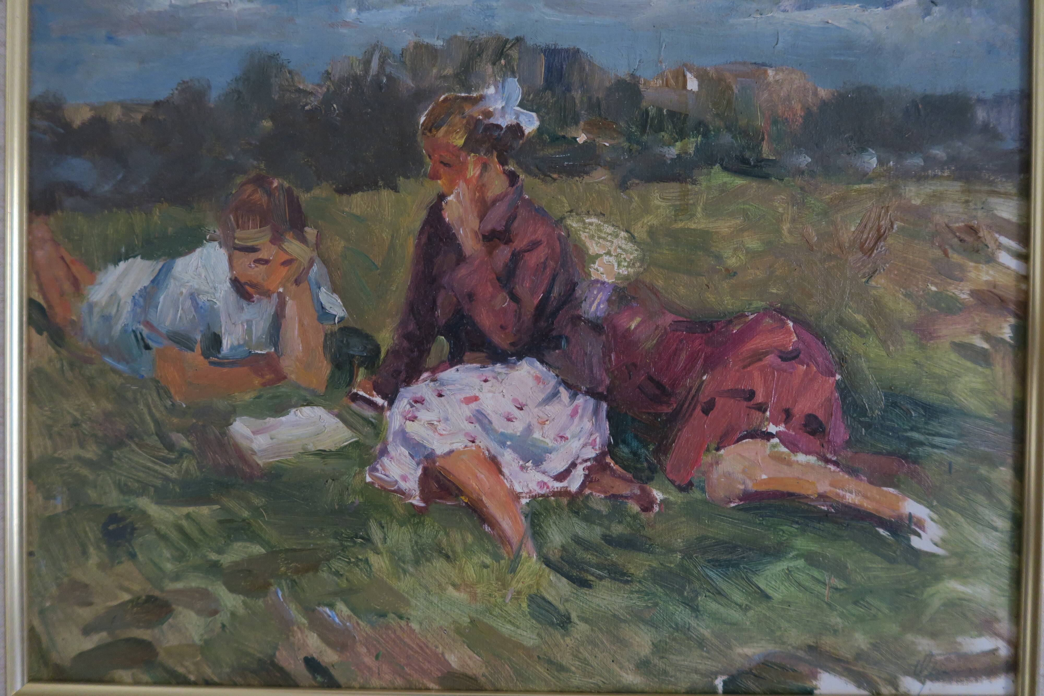 Children working in grass russian school 50s