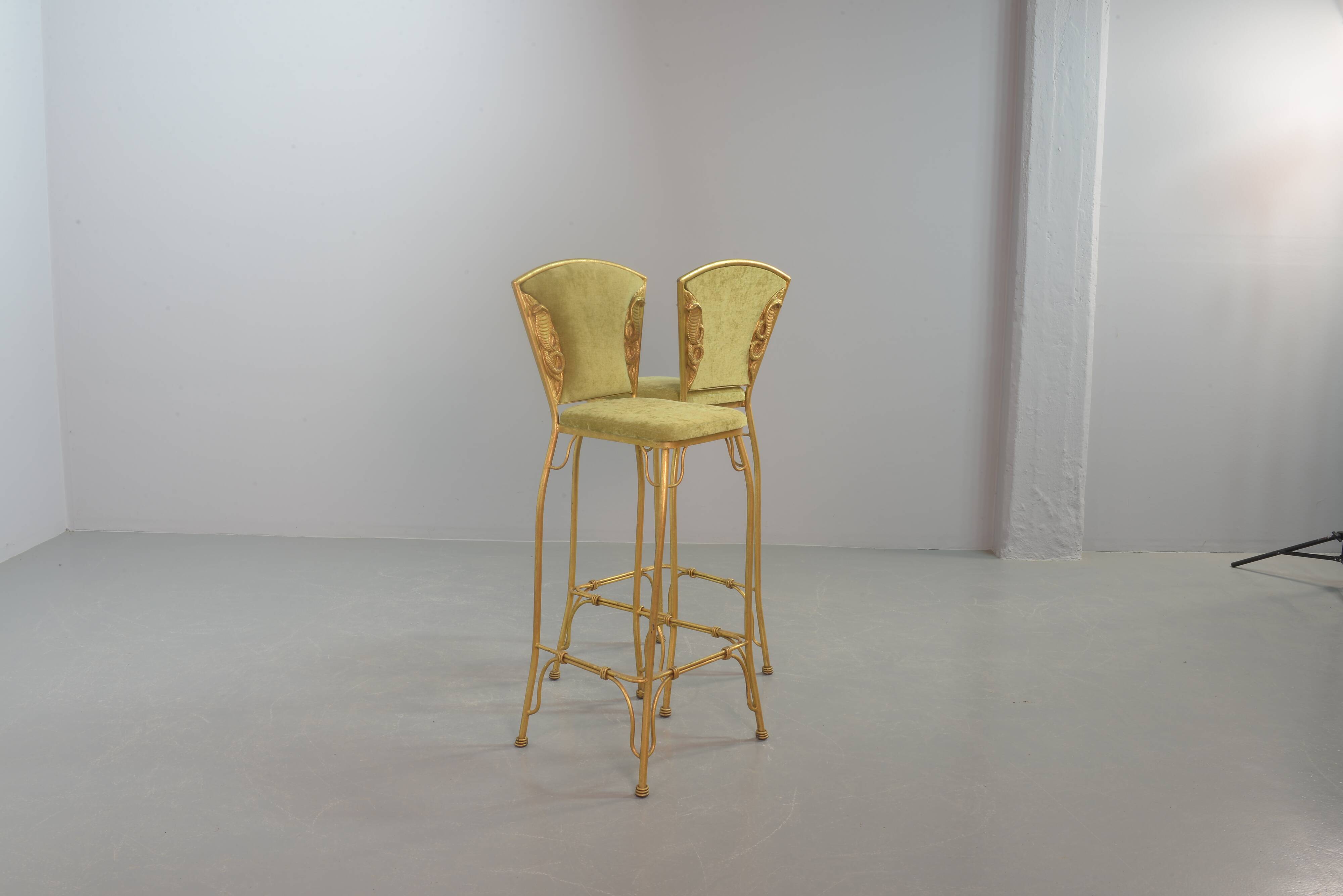 Set of 2 Glamorous Gilded Cobra Bar Stools with Green Velvet Upholstery 70s