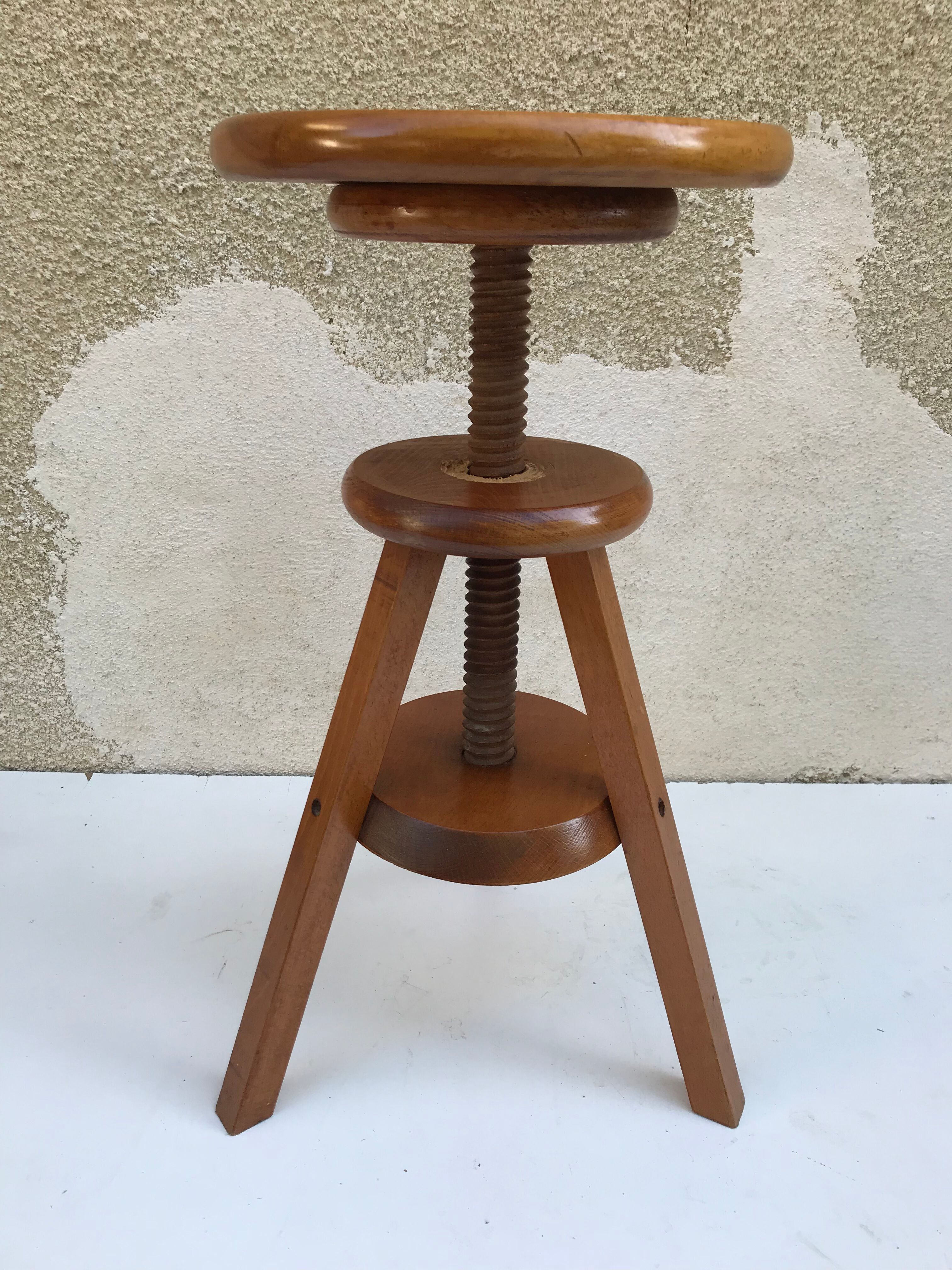 Stool former painter tripod adjustable screw 70s vintage wooden
