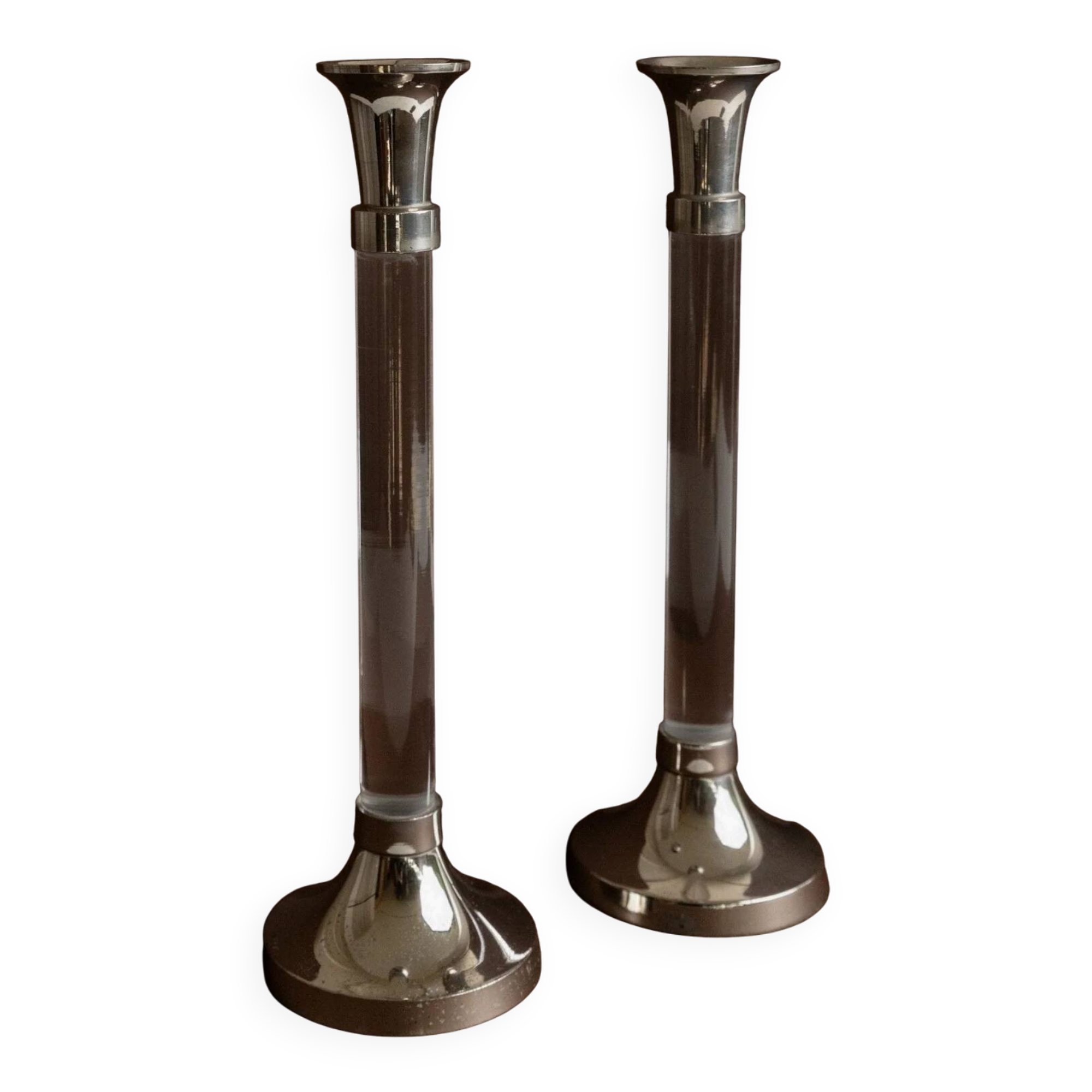 Set of 2 vintage candle holders - acrylic glass and chrome metal, classic design - Italy 1970s - Mid-Century candle holders, gift idea