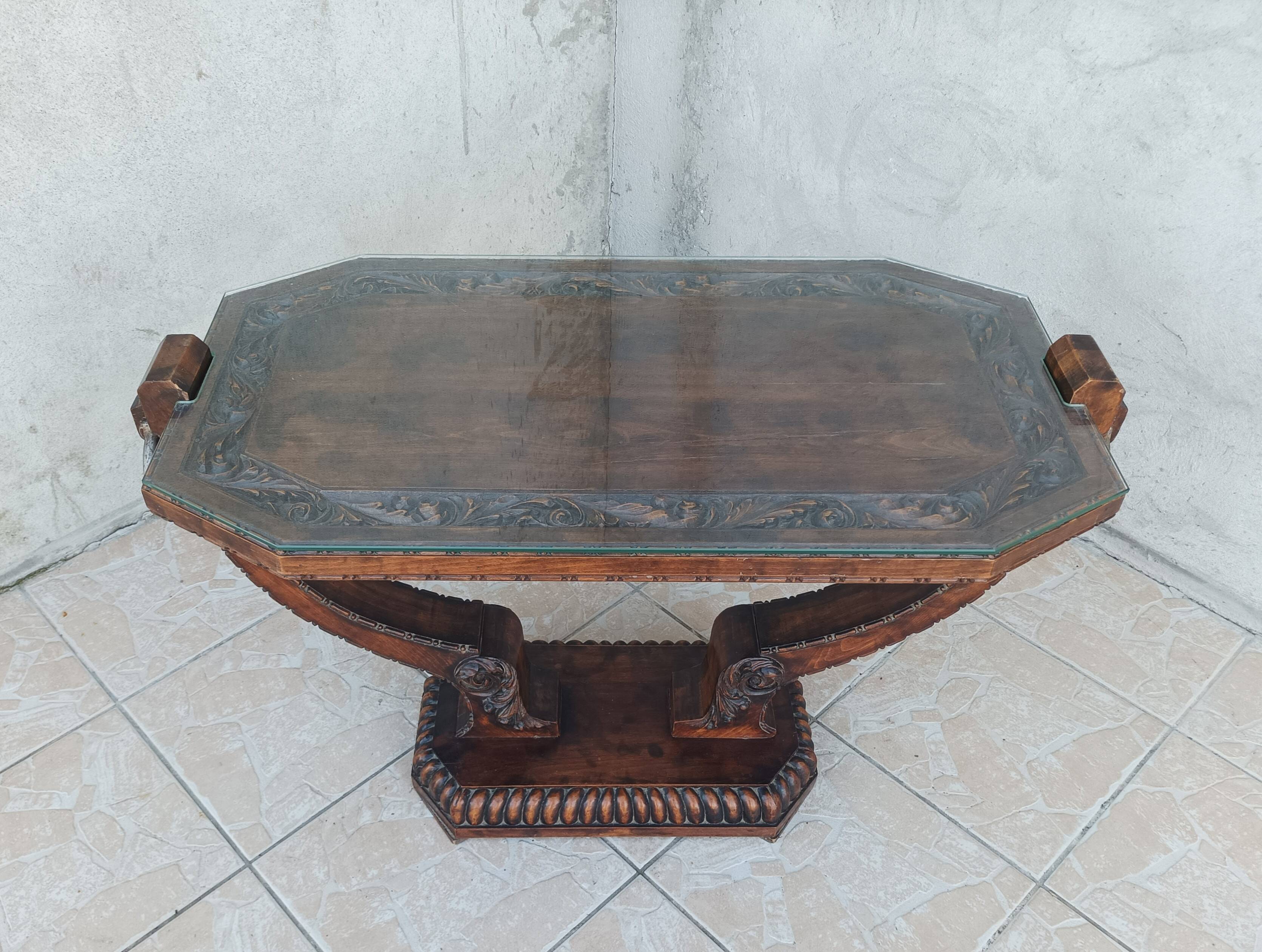 Art Deco style coffee table in carved natural wood