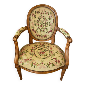 Louis xvi style medallion armchair with floral tapestry