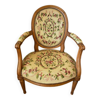 Louis XVI style medallion armchair with floral needlepoint tapestry