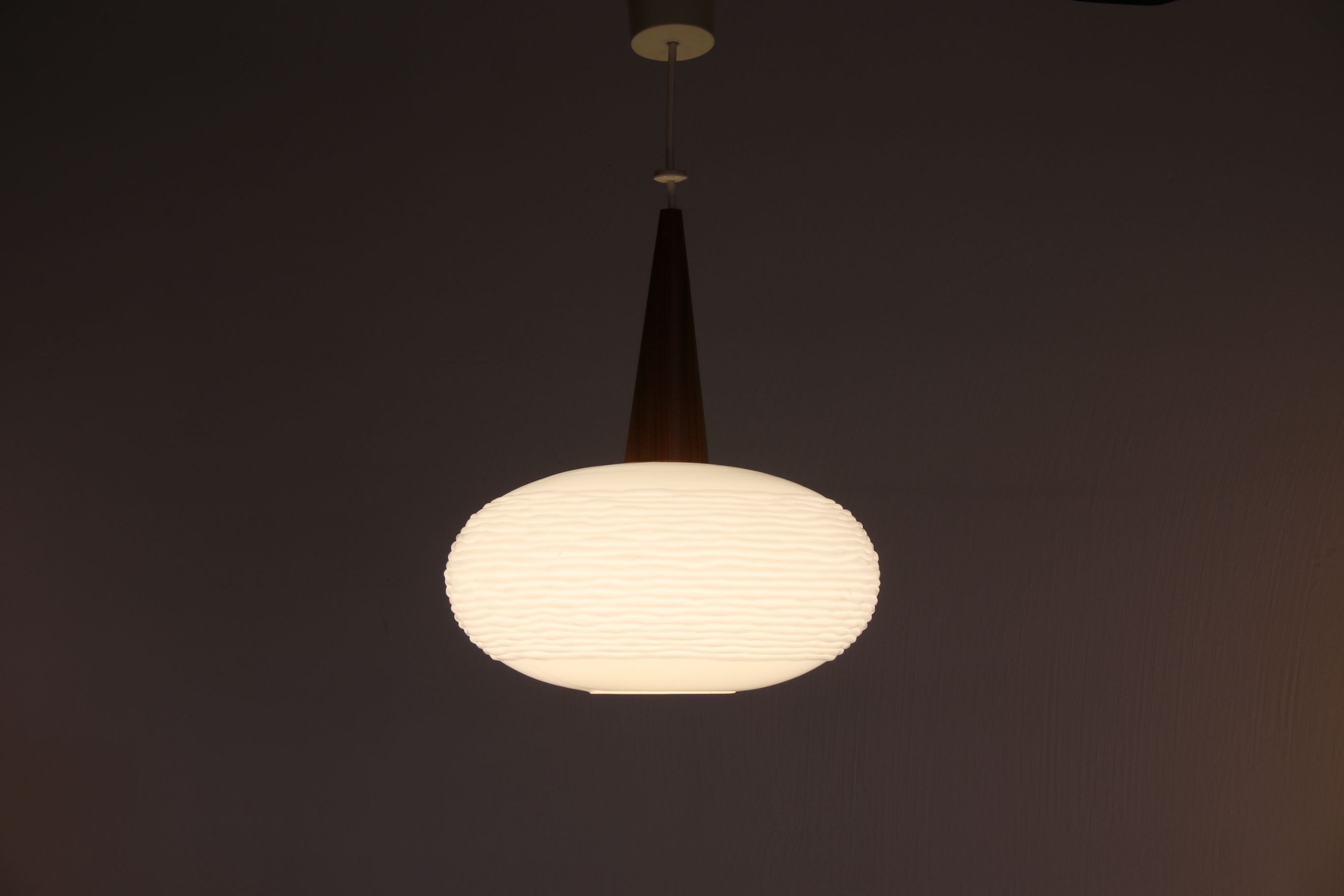 Opaline glass & teak pendant lamp by Louis Kalff for philips, 1960s