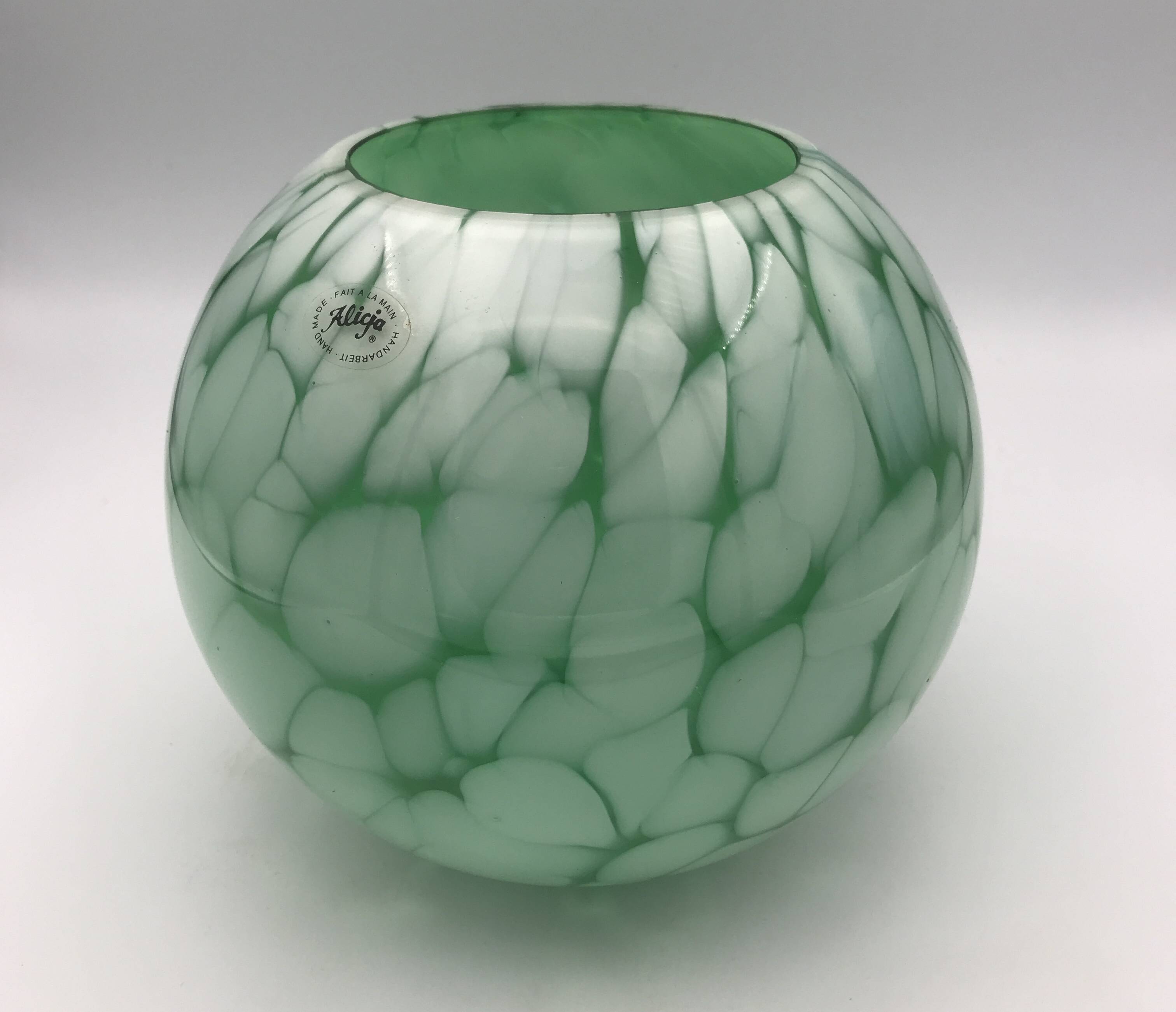 Vintage glass vase ball shape handmade alicja green and white